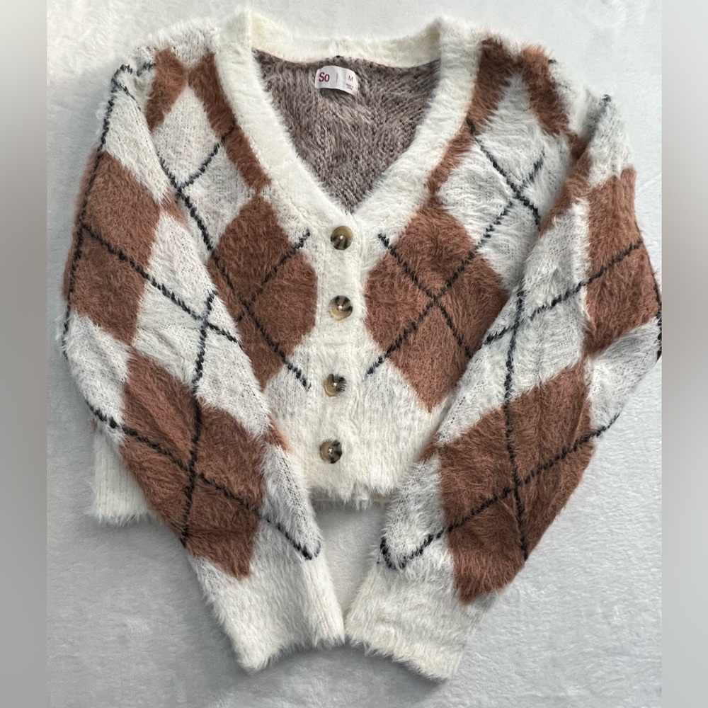 SO Brown and White Argyle Faux Fur Cropped Cardigan Sweater, Size M - Picture 2 of 11